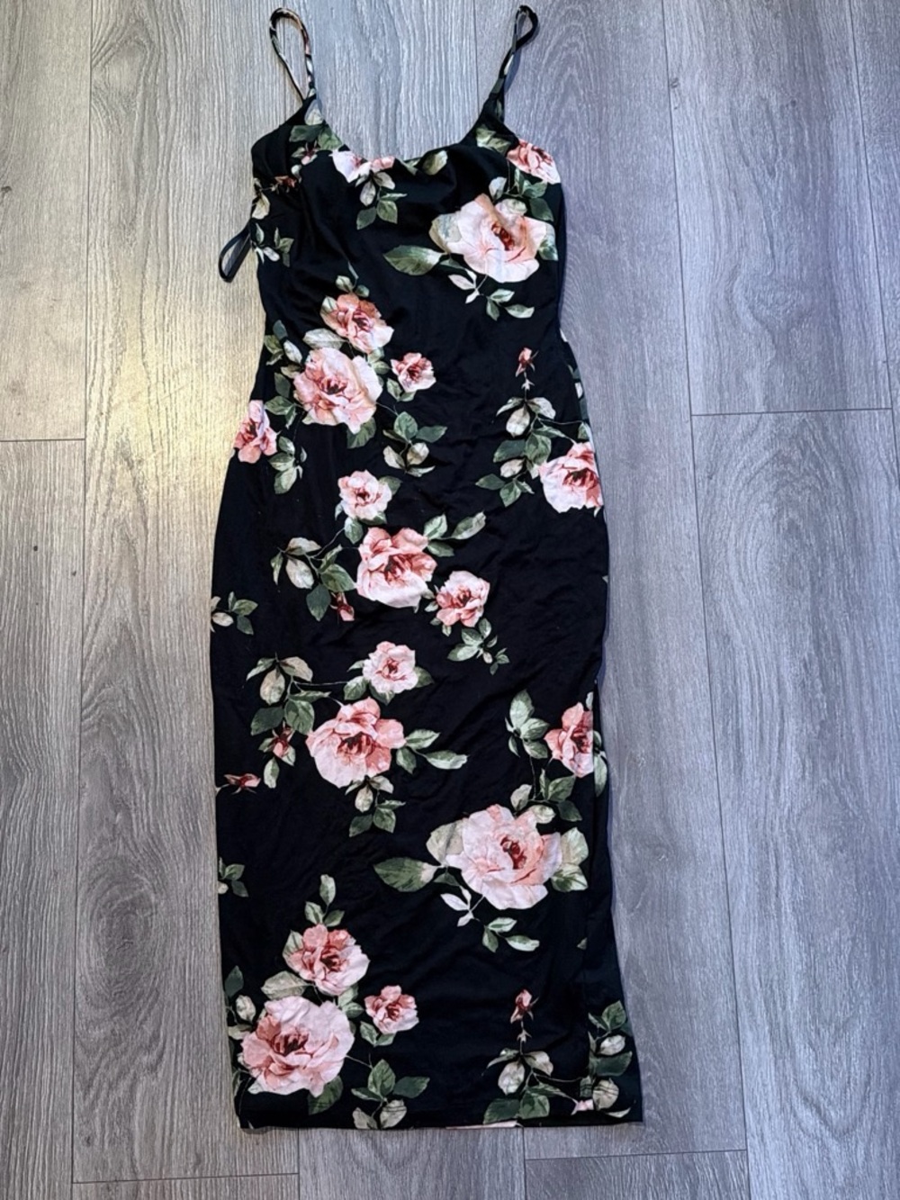 JLUXLABEL Black Midi Slip Dress with Pink Floral Print